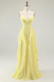 Sunshine Yellow A Line Spaghetti Straps Pleated Long Bridesmaid Dress