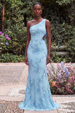 One Shoulder Mermaid Lilac Floral Embroidery Cut Out Maxi Dress with Bow