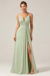 Dusty Sage A Line Spaghetti Straps Pleated Chiffon Maternity Bridesmaid Dress With Slit