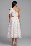 One Shoulder Bowed Cut Out Floral Pink Wedding Guest Dress
