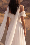 Off the Shoulder Ivory A Line Ruffled High Low Wedding Dress with Sash