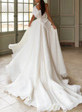 A Line One Shoulder Organza Sweep Train Wedding Dress With Appliques Lace