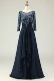 Navy Scoop Neck Appliqued A Line Long Chiffon Dress with 3 4 Sleeves