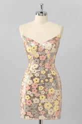 Yellow Flower Bodycon Sequins Spaghetti Straps Homecoming Dress with Lace Up Back