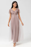A Line V Neck Embroidered Tulle Dusty Pink Bridesmaid Dress with Beading
