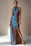 Electric Blue Halter Mermaid Long Formal Dress with Slit