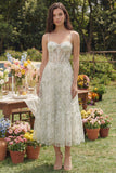 Light Green Floral Corset A Line Midi Wedding Guest Dress