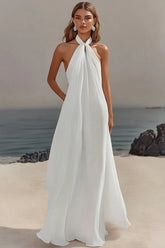 Simple White A Line Halter Long Engagement Dress