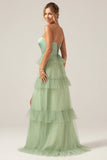 Matcha A Line Tiered Strapless Tiered Long Bridesmaid Dress With Slit