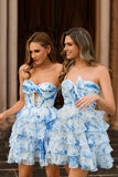 Strapless White Blue Flower A line Tiered Short Homecoming Dress with Bow