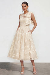 Floral Apricot A Line Bowed Midi Wedding Guest Dress