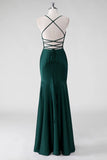 Pine Sheath Spaghetti Straps Satin Floor Length Bridesmaid Dress with Lace Up Back