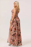 Dusty Rose Flower Fitted Corset Ruched Streamer Chiffon Long Plus Size Bridesmaid Dress with Slit