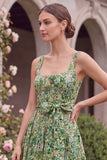Sage Flower A Line Square Neck Wedding Guest Dress with Bow