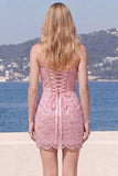 Sparkly Pink Strapless Bodycon Homecoming Dress with Lace up Back