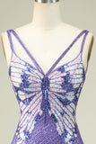 Sparkly Purple Sheath Sequins Short Homecoming Dress with Lace Up Back