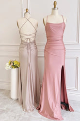 Dusty Pink Satin Lace Up Sheath Long Bridesmaid Dress with Slit