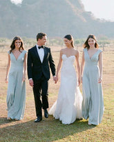Simple A Line Chiffon V Neck Blue Sleeveless Long Bridesmaid Dresses