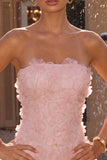 Pink Beaded A Line Strapless Short Homecoming Dress