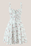 White Vintage Rose Printed A Line Cotton Mini Dress