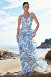 White and Blue Flower A Line Spaghetti Straps Hollow Out Print Bridesmaid Dress