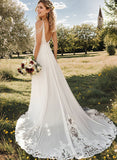 A Line V Neck Sweep Train Wedding Dress With Lace Split Front