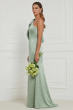 Sage Green One Shoulder Mermaid Satin Long Bridesmaid Dress with Bow