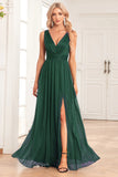 Dark Green A Line Sparkly V Neck Pleated Prom Dress with Slit