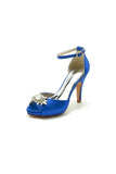 Royal Blue Silk Heels with Crystal Flower Ornament