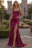 Navy Mermaid Satin Cowl Neck Maxi Prom Dress with Slit
