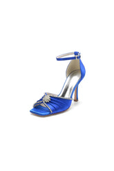 Satin Square OpenToe Stiletto Heels With Rhinestone