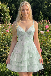 Floral Light Green Tiered Ruffle A Line Short Homecoming Dress