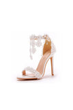 White Lace Flowers Tassels Open Toe Ankle strap Ultra High Heels