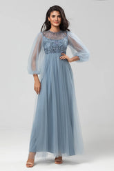 A Line Tulle Beaded Dusty Blue Bridesmaid Dress With Long Sleeves