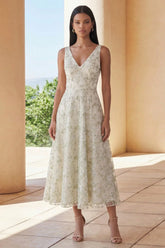 Light Green A Line V Neck Floral Midi Wedding Guest Dress