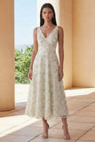 Light Green A Line V Neck Floral Midi Wedding Guest Dress