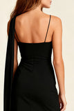 Asymmetrical Neck Tight Little Black Dress with Sash