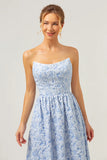Blue A Line Strapless Brocade High Low Floral Bridesmaid Dress