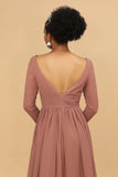 Blush V Neck Long Sleeves Chiffon Bridesmaid Dress with Slit