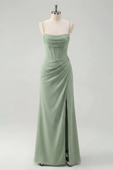 Sage Mermaid Corset Ruched Spaghetti Straps Bridesmaid Dress with Slit