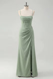 Sage Mermaid Corset Ruched Spaghetti Straps Bridesmaid Dress with Slit