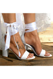 Wedding Shoes Peep Toe Sandals Chunky Heel Satin With Ribbon Tie Bow Knot