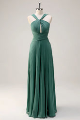 Eucalyptus A Line Hollow Out Pleated Floor Length Bridesmaid Dress with Slit