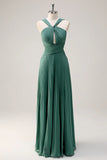 Eucalyptus A Line Hollow Out Pleated Floor Length Bridesmaid Dress with Slit