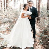 A Line Satin Sweep Train White Wedding Dress with Sleeveless