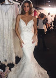 Spaghetti Straps Backless Mermaid Lace Wedding Dresses with Appliques