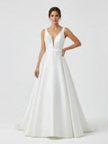 Ivory A Line Deep V Neck Long Wedding Dress with Bowknot