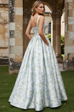 White Blue Flower A Line Printed Long Wedding Guest Dress
