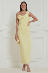One Shoulder Sheath Daffodil Midi Wedding Guest Dress with 3D Flowers