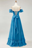 Royal Blue A line Off The Shoulder Chiffon Long Bridesmaid Dress with Slit